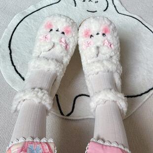 仙女教母原创小甜熊新色平底圆头毛毛鞋加绒保暖Lolita百搭学生鞋