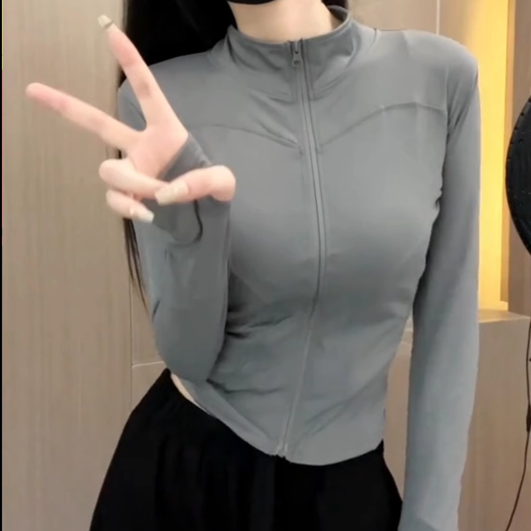 专业速干运动防晒外套女拉链长袖紧身跑步健身房上衣套装女瑜伽服