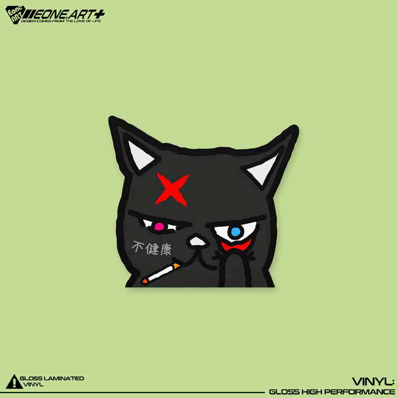 eone反光车贴可爱大佬猫鬼脸表情吸烟不健康玻璃漆面电脑电车贴纸