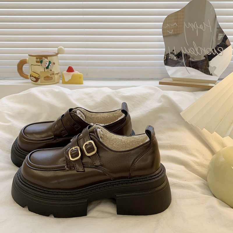 棕色棉鞋女款2024秋冬季百搭小个子乐福鞋加绒保暖厚底复古小皮鞋