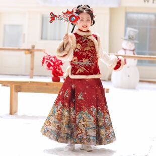 儿童汉服女新款加绒加厚红色拜年服古风小女孩中国风唐装冬款套装