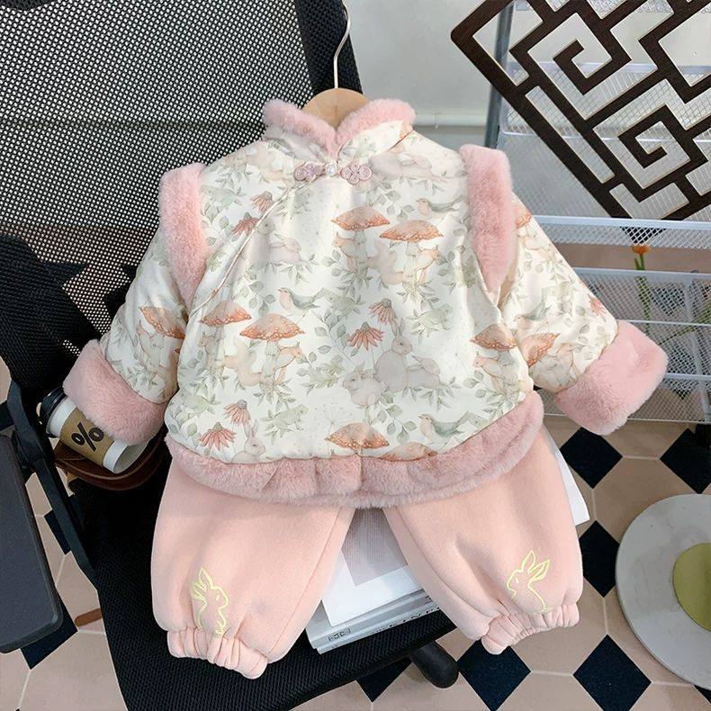女童拜年服冬季汉服中国风周岁过年衣服儿童唐装加绒加厚宝宝套装