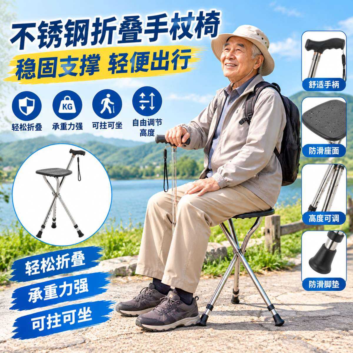 老年人外出折叠椅家用拐杖凳子