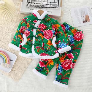 冬季【热卖】网红款男女童东北大花套装棉服棉袄棉裤花袄套装