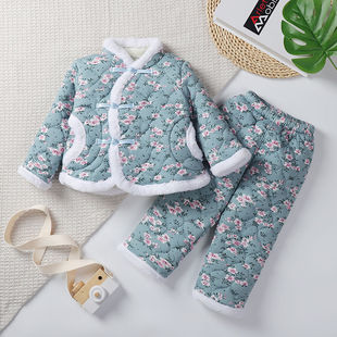 儿童网红棉衣套装拜年服套中国风棉汉服女童碎花加厚加绒套装