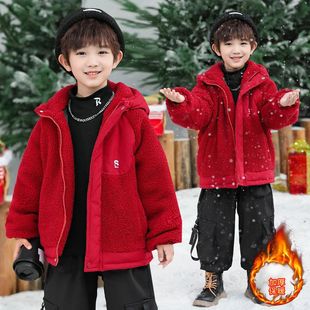 男童毛毛衣外套加绒加厚2026新款拜年服儿童棉袄冬装红色喜庆棉服
