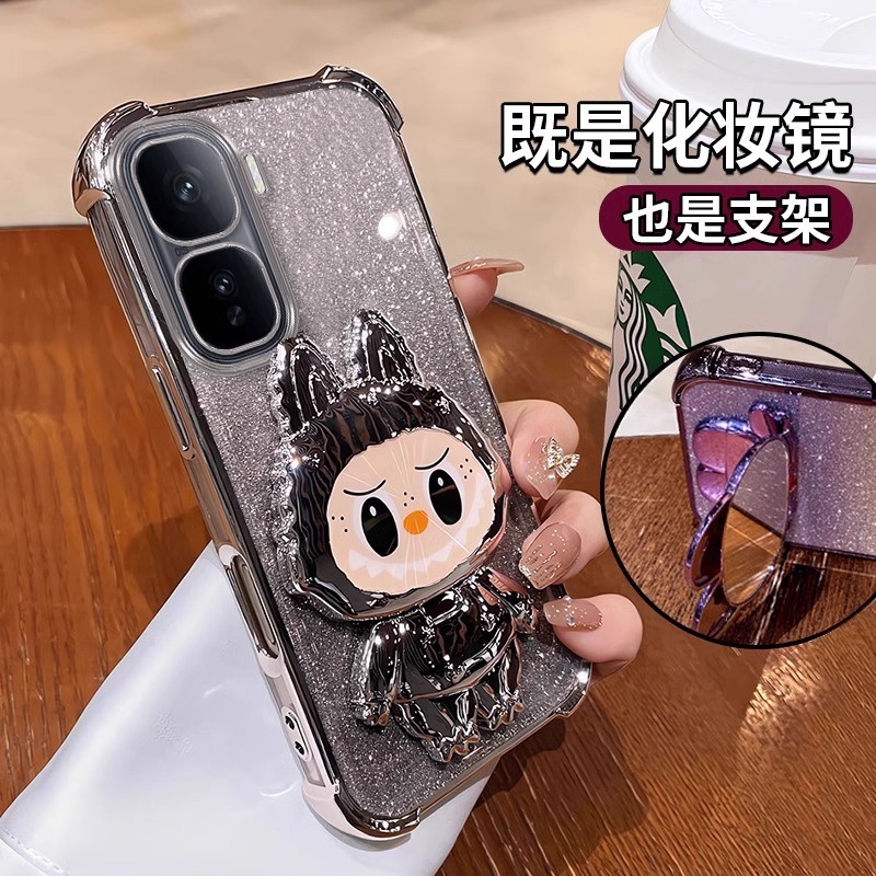 拉布布支架适用vivoiqoo13手机壳新款13pro可爱女生z9x透明硅胶neo10全包9pro防摔neo8保护套7se带补妆镜子