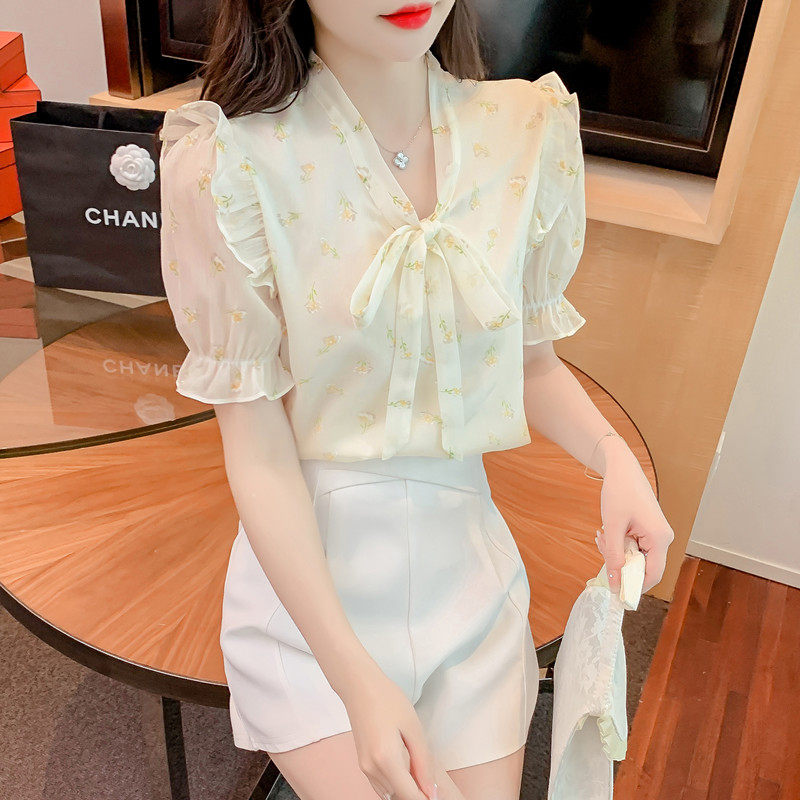 BOW CHIFFON SHIRT WOMENS SHORT SLEEVE 2024 NEW FASHION FASHIONABLE FASHIONABLE FAIRY TEMPERAMENT BEAUTIFUL FLORAL TOP