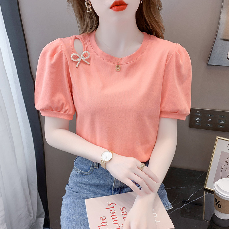 SHORT SLEEVE WOMENS 2024 NEW SUMMER SLIM FIT BEAUTIFUL T-SHIRT FASHION FOREIGN FASHION HOLLOW PUFF SLEEVE TOP TIDE