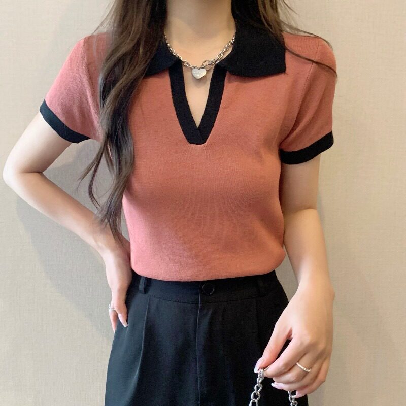 CROPPED POLO SHIRT WOMENS SUMMER SHORT SLEEVE 2024 NEW KNITTED V-NECK HIGH WAIST T-SHIRT CONTRASTING CHIC UNIQUE TOP