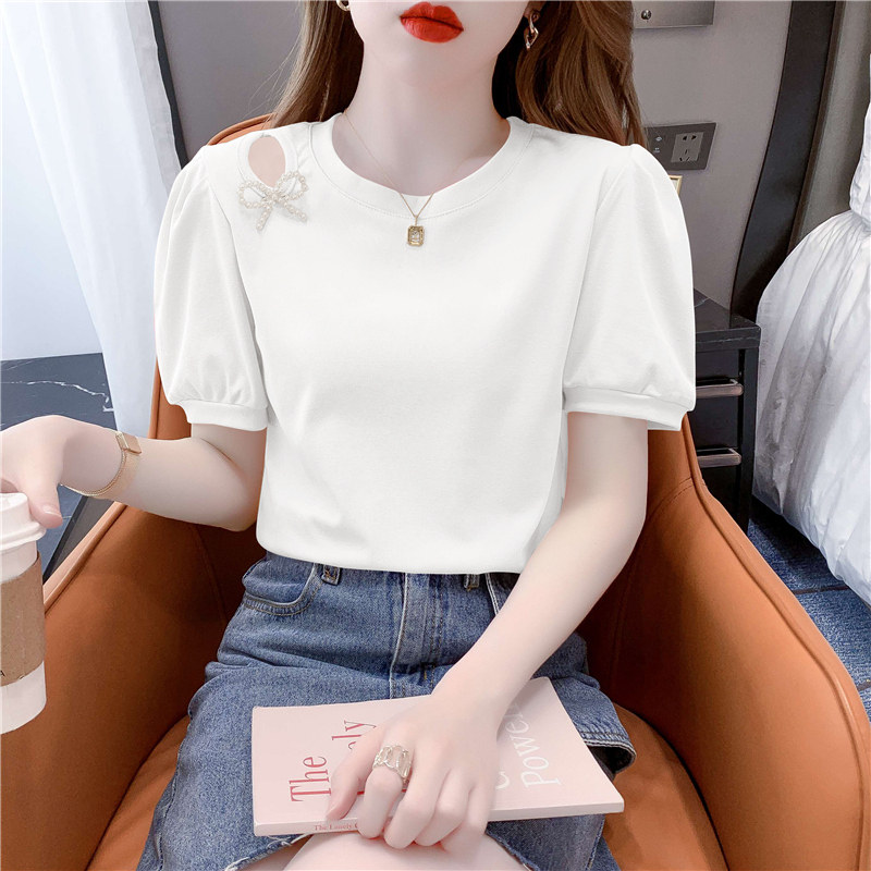 SHORT SLEEVE WOMENS 2024 NEW SUMMER SLIM FIT BEAUTIFUL T-SHIRT FASHION FOREIGN FASHION HOLLOW PUFF SLEEVE TOP TIDE