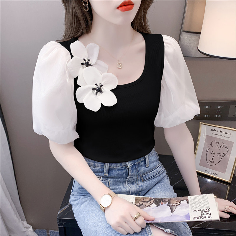 SHORT SLEEVE WOMENS 2024 NEW HOT SUMMER SLIM AND BEAUTIFUL SHORT T-SHIRT FASHION FOREIGN FASHION PUFF SLEEVE TOP