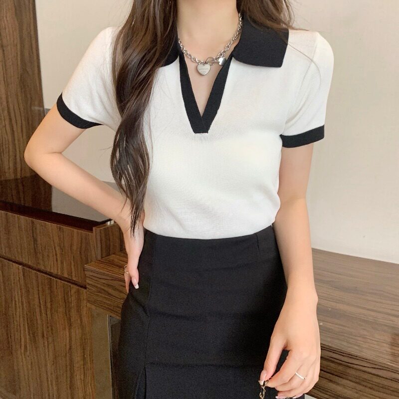 CROPPED POLO SHIRT WOMENS SUMMER SHORT SLEEVE 2024 NEW KNITTED V-NECK HIGH WAIST T-SHIRT CONTRASTING CHIC UNIQUE TOP