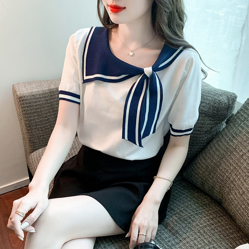 ICE SILK SHORT SLEEVE T-SHIRT WOMENS 2024 NEW SUMMER WOMENS FASHION FASHIONABLE FOREIGN AGE-REDUCING CHIC NAVY NECK TOP