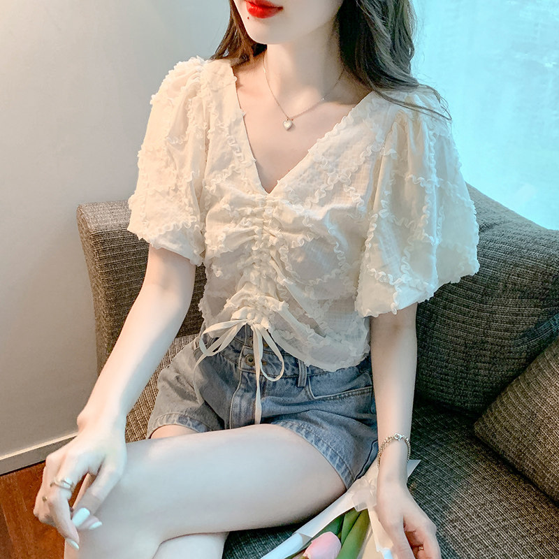 CHIFFON SHIRT WOMENS SHORT SLEEVE SUMMER 2024 NEW DESIGN SENSE NICHE FRENCH V-NECK PUFF SLEEVE CROPPED TOP