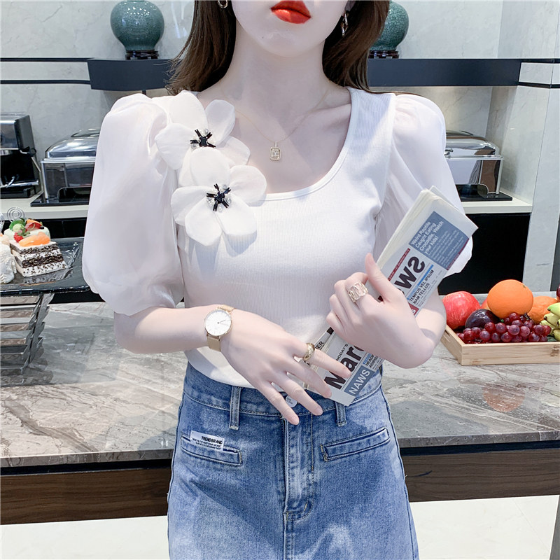 SHORT SLEEVE WOMENS 2024 NEW HOT SUMMER SLIM AND BEAUTIFUL SHORT T-SHIRT FASHION FOREIGN FASHION PUFF SLEEVE TOP