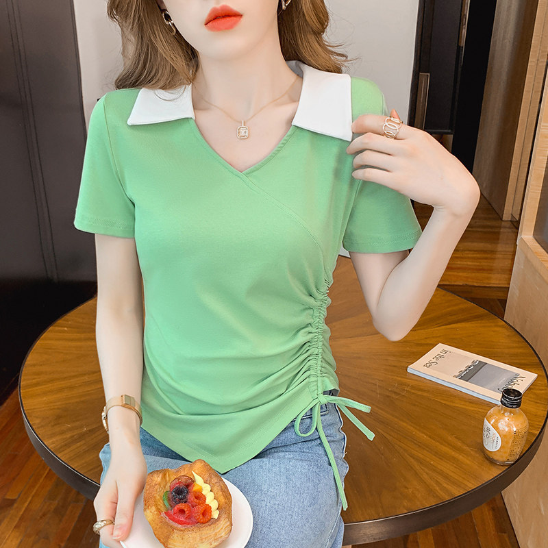 V-NECK WAIST IRREGULAR SHORT T-SHIRT WOMENS SHORT SLEEVE 2024 NEW HOT SUMMER DESIGN SENSE NICHE CHIC TOP