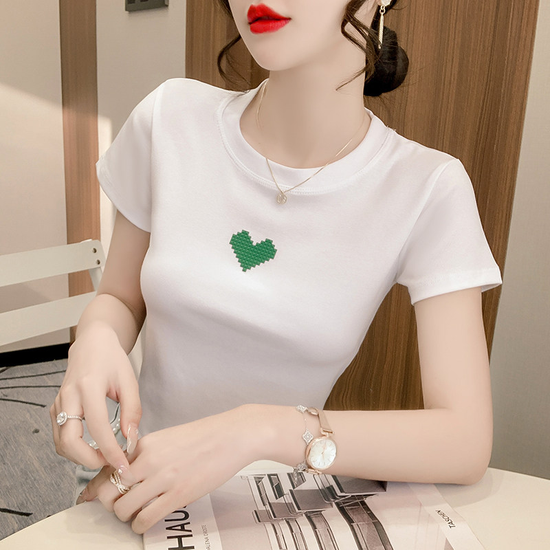 T-SHIRT WOMENS SHORT SLEEVE 2024 NEW SUMMER TREND FASHION SLIM LOVE EMBROIDERY HIGH WAIST CROP TOP INS TIDE