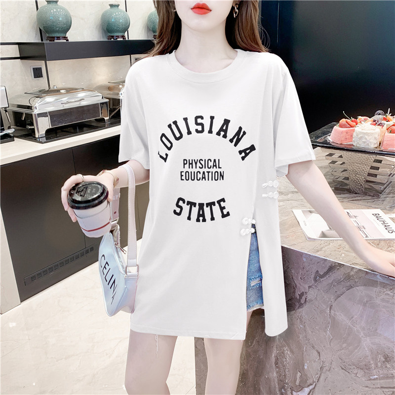 SLIT MIDI LENGTH T-SHIRT WOMENS SHORT SLEEVE 2024 NEW SUMMER LOOSE FASHION FOREIGN FASHION FASHION BUCKLE TOP TREND