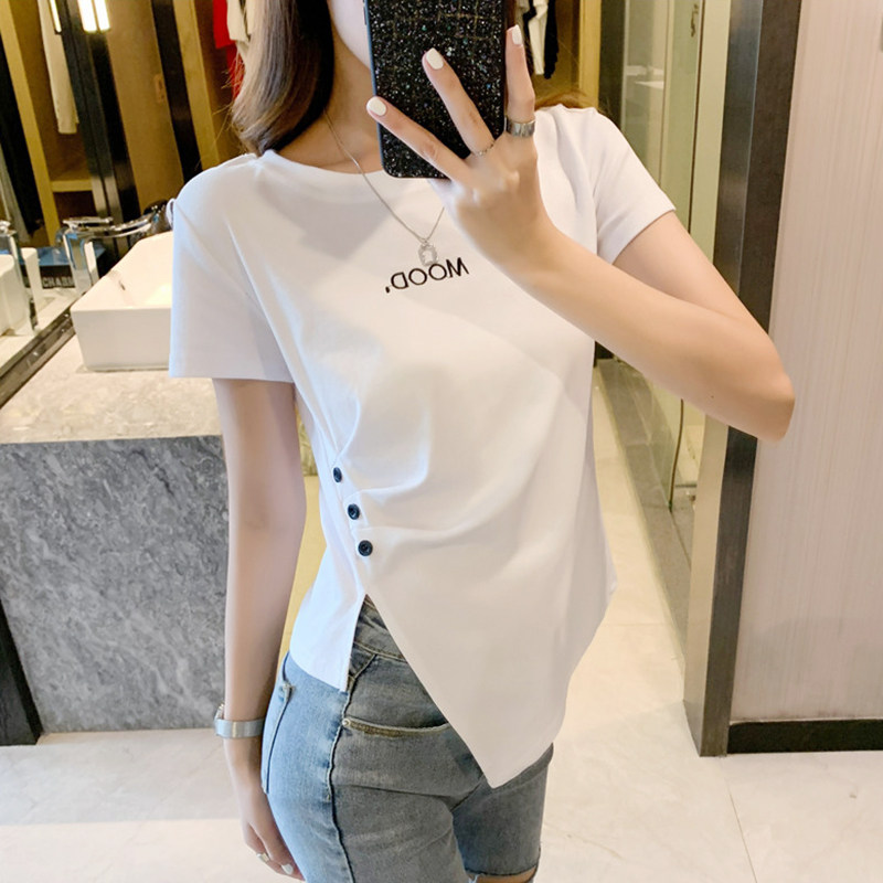 2024년 여름 여성을 위한 새로운 스타일의 세련된 불규칙한 회색 반팔 티셔츠 디자인 짧은 상의