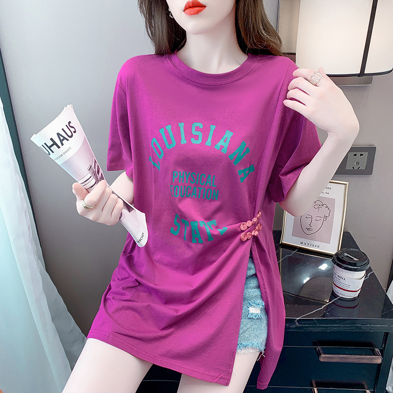 SLIT MIDI LENGTH T-SHIRT WOMENS SHORT SLEEVE 2024 NEW SUMMER LOOSE FASHION FOREIGN FASHION FASHION BUCKLE TOP TREND