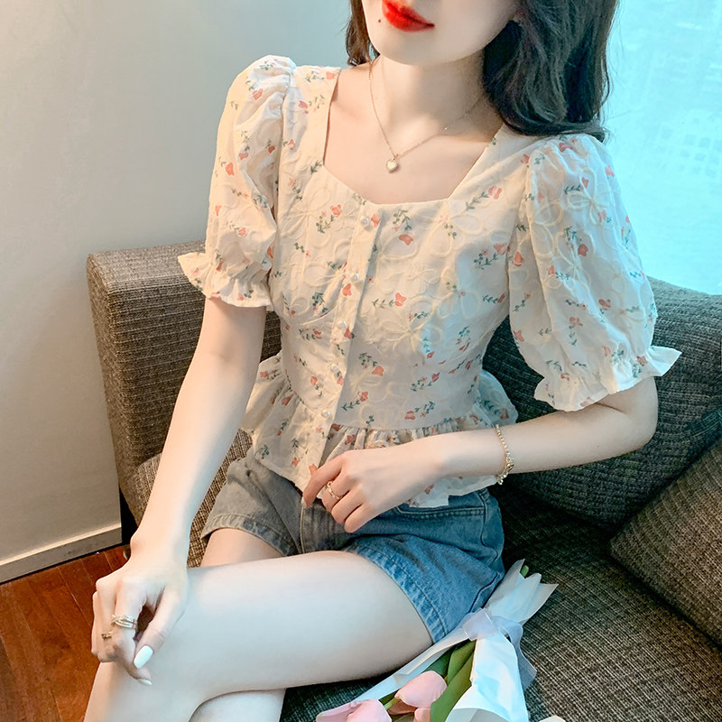 SHORT SLEEVE SHIRT WOMENS SUMMER 2024 NEW CARD WAIST SHIRT SHORT STYLE FRENCH SQUARE NECK PUFF SLEEVE FLORAL TOP