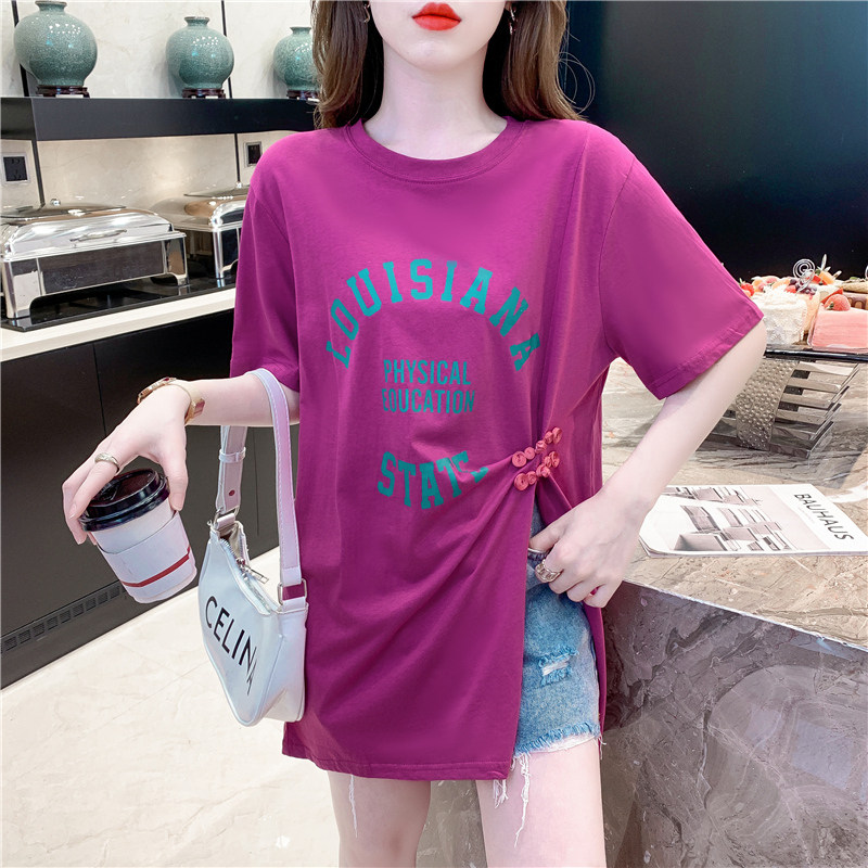SLIT MIDI LENGTH T-SHIRT WOMENS SHORT SLEEVE 2024 NEW SUMMER LOOSE FASHION FOREIGN FASHION FASHION BUCKLE TOP TREND