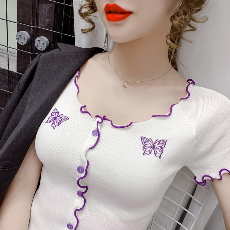 SHORT SLEEVE T-SHIRT WOMENS 2024 NEW SUMMER SKINNY SHIRT FUNGUS TRIM CLAVICLE KNIT CROP TOP INS TREND