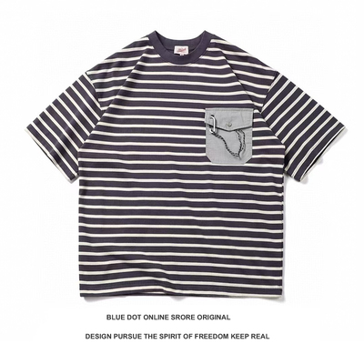 日系复古青年宽松oversize条纹衫宽松短袖T恤情侣复古打底cityboy