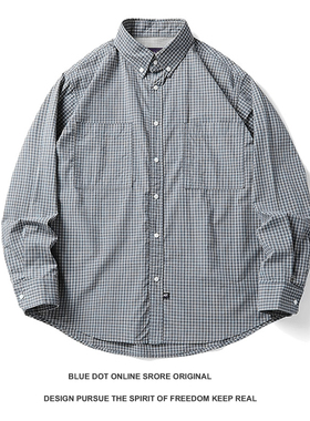日系青年薄款oversize长袖格子衬衫男潮牌宽松圆下摆蓝白条纹衬衫