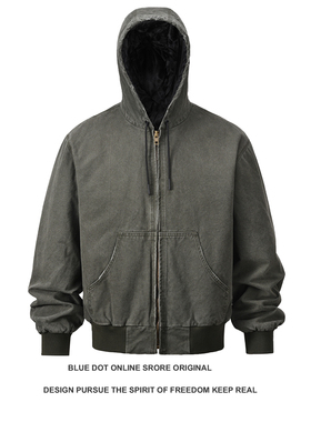 日系复古重磅做旧拉链连帽外套潮牌cleanfit宽松夹棉加厚夹克棉衣