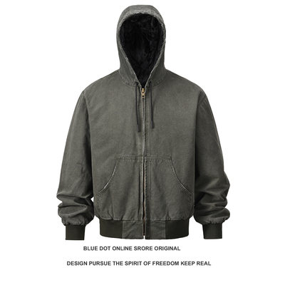 日系复古重磅做旧拉链连帽外套潮牌cleanfit宽松夹棉加厚夹克棉衣