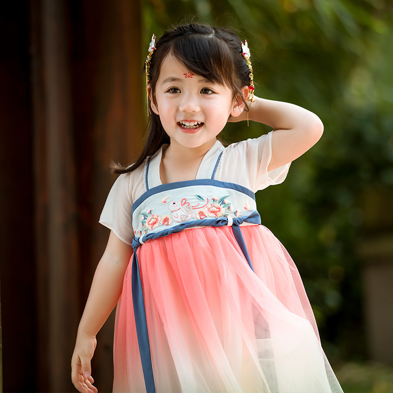儿童汉服女童古装超仙夏装宝宝渐变色齐胸襦裙小女孩飘逸连衣裙子