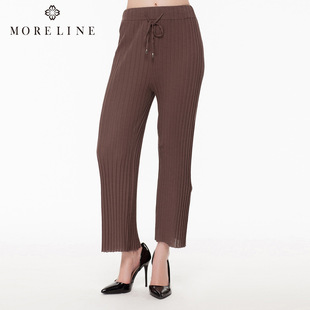 MORELINE沐兰春夏新品 温婉咖啡色优雅高腰系带针织九分裤