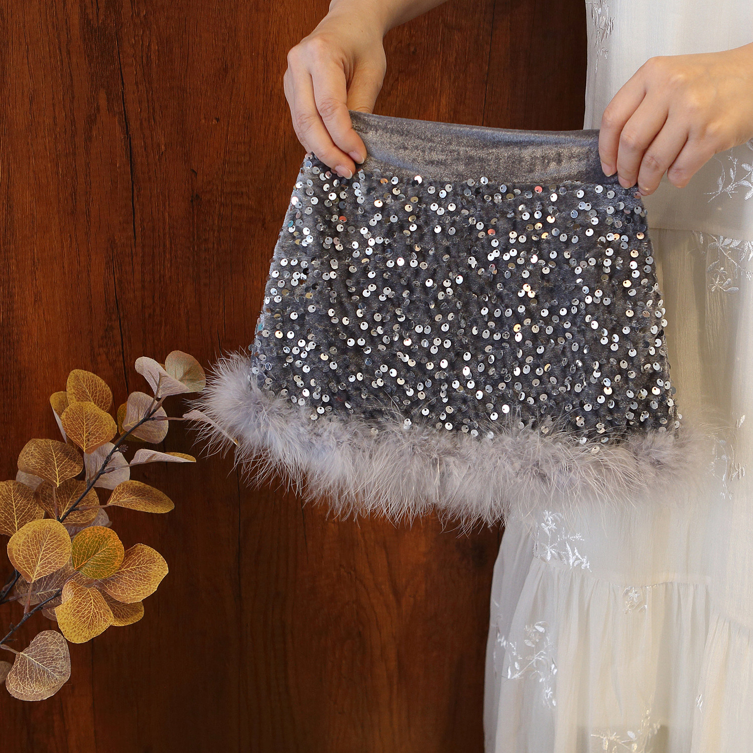 女童秋冬加厚亮片毛毛半身裙女高腰A字短裙秋冬防走光包臀裙短裙