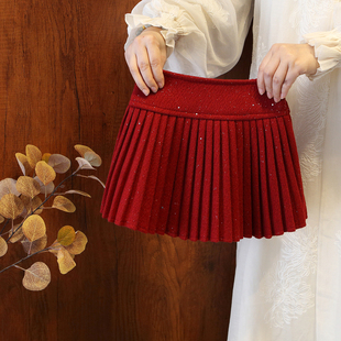 女童秋冬加绒款学院风高腰百褶半身裙女宝宝红色毛呢A字时尚短裙