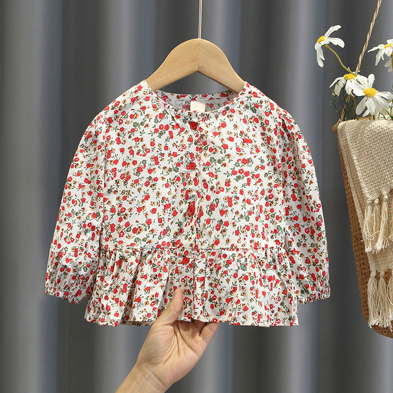 女宝宝春装衬衫2021新小童装韩版碎花娃娃衫公主洋气女童裙摆上衣