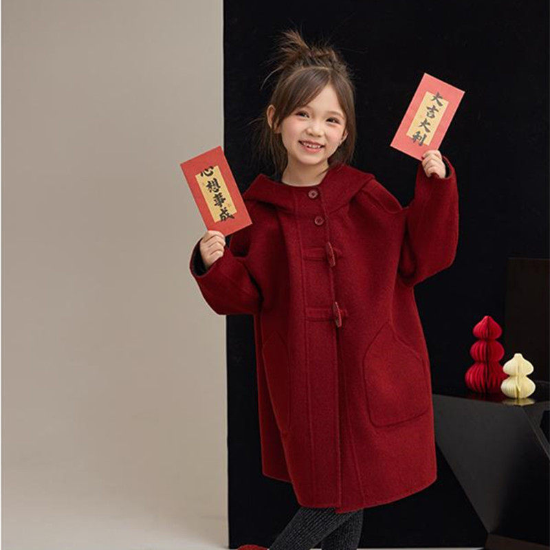 女童毛呢外套中长款冬装2025新款冬季儿童加厚双面穿红色呢子大衣