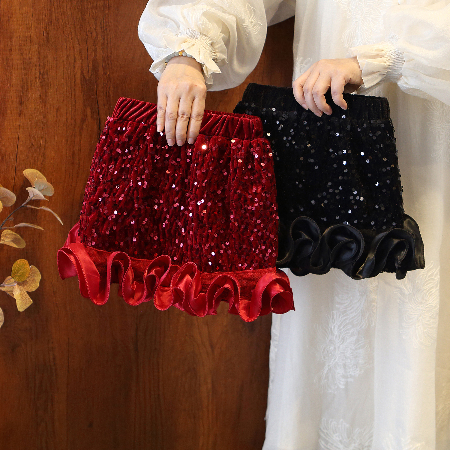 女童秋冬加绒亮片半身裙女荷叶边显瘦短裙丝绒蓬蓬裙高级感半身裙