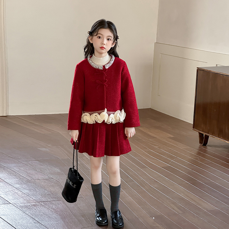 女童小香风套装冬季2025新款洋气女孩加厚衣服冬装富家千金感裙子