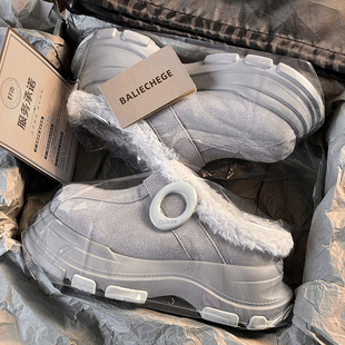 周雨彤同款厚底雪地靴男女秋冬季2025加绒加厚包头勃肯半拖棉鞋潮