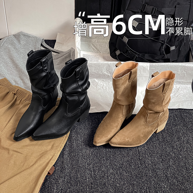 牛皮~马丁靴小个子内增高靴子女秋季2025新款高跟中筒短靴堆堆靴