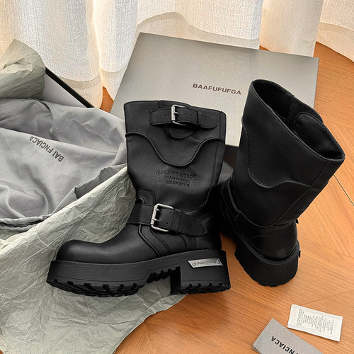 牛皮版~巴黎马丁靴毒液真皮大头秋季中筒骑士靴厚底增高机车女靴