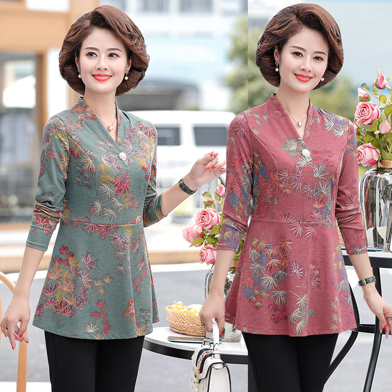 中年女士秋装妈妈款长袖T恤打底衫宽松洋气质中老年女装秋衣外穿