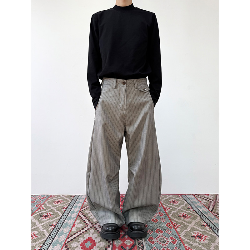 美式复古老钱风灰色条纹弯刀西裤垂坠高级感休闲阔腿裤潮,男装,休闲裤,淘宝优惠券,粉丝福利购,淘宝优惠卷