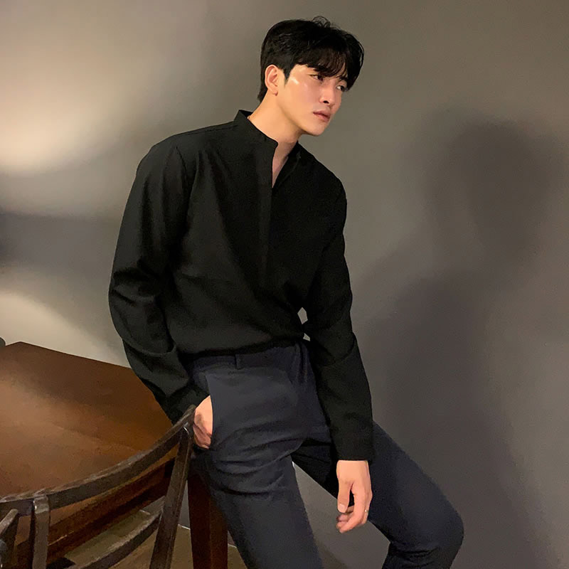 立领衬衫长袖免烫抗皱黑色衬衣