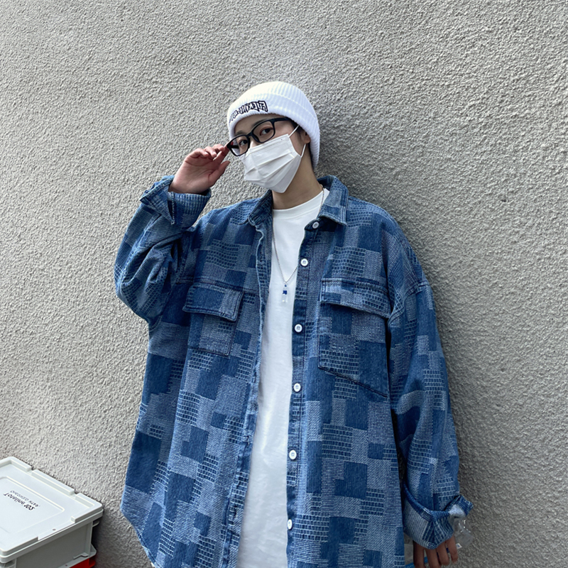日系原宿编织格子牛仔衬衫外套情侣复古宽松牛仔衬衣潮