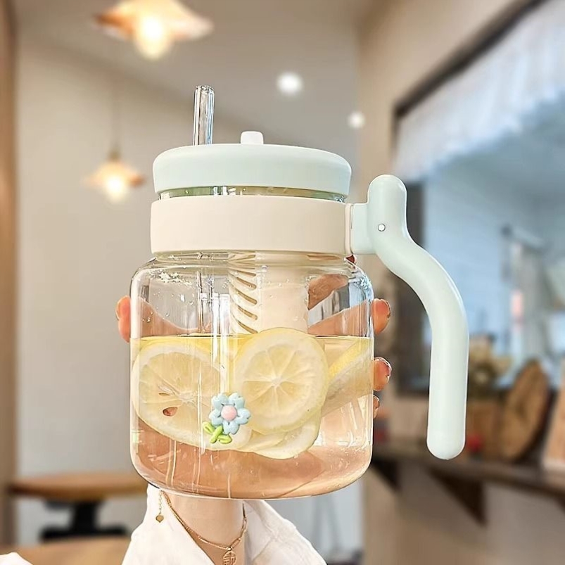 大容量女生带手柄吸管玻璃杯办公室花茶杯茶水分离茶杯简约水杯男