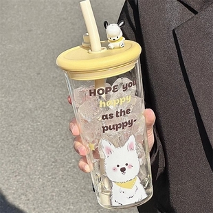 可爱卡通玻璃杯大容量高颜值ins女生水杯家用吸管带盖杯子耐高温