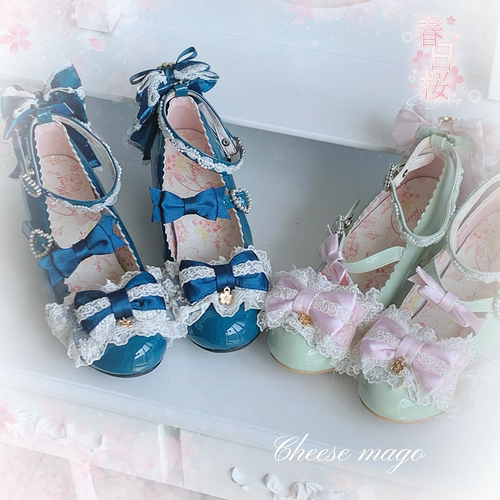全款春日樱新色芝士芒芒物语lolita樱花鞋跟蝴蝶结圆头Lo鞋